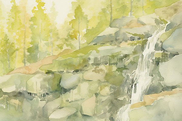 JPG 주간 일러스트 자연 수채화 풍경 사람없음 야외 초록색 여름풍경 폭포 바위 자작나무숲 국내일러스트 AI일러스트 AI콘텐츠 자연요소 컬러 돌_바위 숲 생태계 자작나무 파일형식 여름_계절