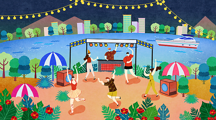 전신 PSD 나무 여자 남자 꽃 요트 일러스트 전구 조명 산 여러명 성인 건물 강 파티 스피커 춤 파라솔 DJ 디제잉 디제잉기계 열대꽃 열대잎 성인만 국내일러스트 식물 건축물 음향기기 다수 잎 배_교통 문화예술 사람 이벤트 파일형식