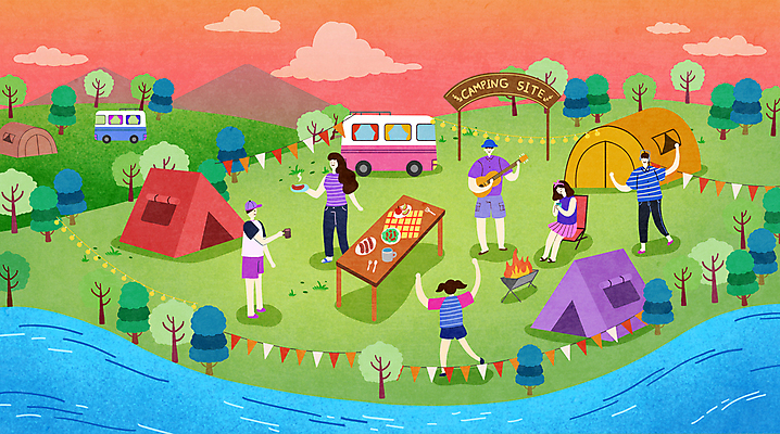 전신 PSD 나무 여자 남자 어린이 음식 연주 일러스트 탁자 조명 텐트 서기 앉기 소녀 여러명 성인 강 노을 만세 기타 모닥불 우쿨렐레 먹기 캠핑카 가랜드 국내일러스트 자연요소 식물 음악 가구 다수 모션 자동차 불 현악기 캠핑도구 사람 파티용품 파일형식