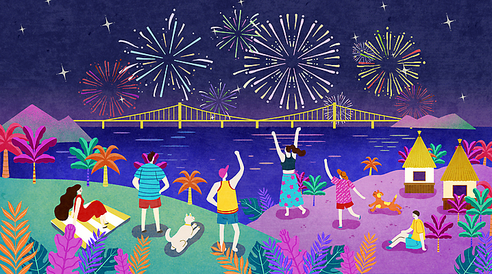 전신 PSD 나무 여자 남자 반려견 어린이 바다 일러스트 주택 불꽃놀이 앉기 소녀 소년 여러명 성인 야자수 손들기 만세 강아지 야간 열대식물 돗자리 가교 국내일러스트 자연요소 식물 건축물 다수 모션 놀이 사람 건물 반려동물 개 파일형식