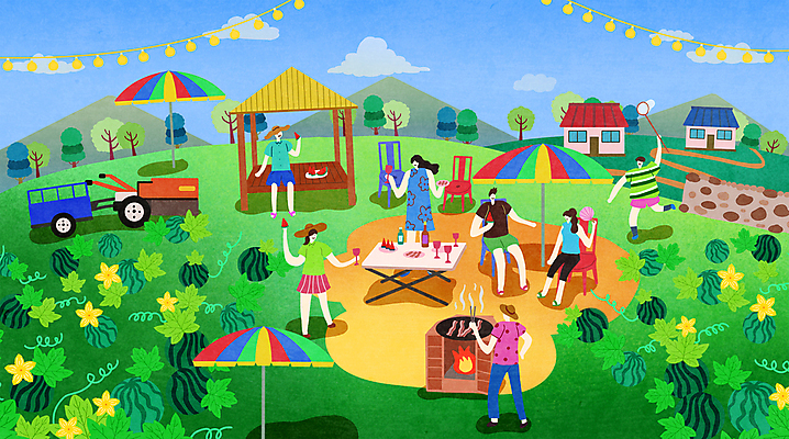 전신 PSD 나무 여자 남자 어린이 음식 밭 일러스트 탁자 휴가 조명 산 수박 돌담 들기 앉기 소년 여러명 성인 농촌 파라솔 부채 먹기 시골집 정자 삼겹살 채집망 경운기 솥뚜껑 화덕 국내일러스트 식물 건축물 가구 다수 농업 과일 모션 주택 돼지고기 사람 담장 돌_바위 시골 농기계 화로 파일형식