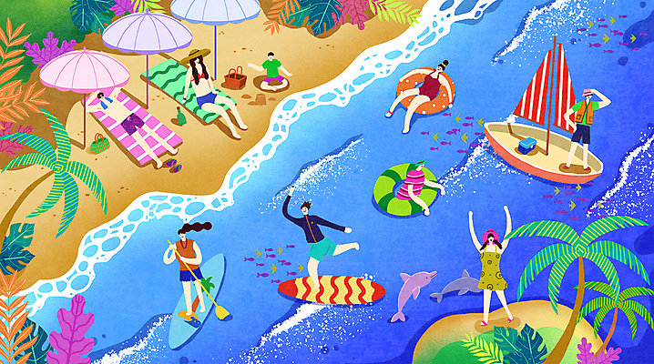 전신 PSD 여자 남자 수영복 어린이 요트 일러스트 소년 여러명 성인 해변 야자수 눕기 수영 만세 파라솔 서핑 선탠 돌고래 튜브 모래놀이 비치타올 열대잎 패들보드 국내일러스트 나무 옷 모래 바다 다수 잎 배_교통 포유류 모션 놀이 사람 수건 수중동물 수상스포츠 파일형식