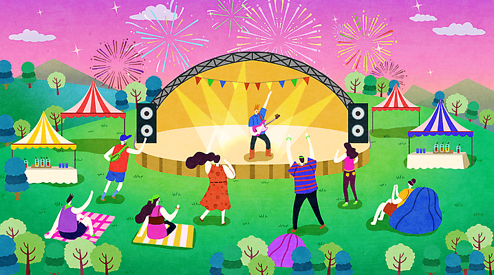 전신 PSD 나무 여자 남자 연주 일러스트 조명 폭죽 불꽃놀이 앉기 여러명 성인 스피커 외침 공연 기쁨 만세 무대 기타 돗자리 부스 락페스티벌 음악축제 성인만 빈백 국내일러스트 식물 감정 음악 음향기기 생활용품 다수 모션 놀이 현악기 사람 이벤트 축제 소리 파일형식