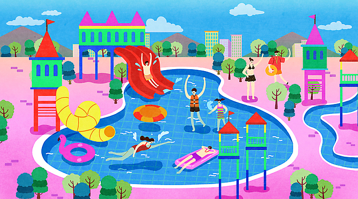 전신 PSD 나무 여자 남자 수영복 어린이 일러스트 소녀 소년 여러명 성인 건물 수영 만세 인사 미끄럼틀 놀이기구 비치베드 튜브 안전요원 워터슬라이드 워터파크 플라밍고튜브 국내일러스트 식물 건축물 옷 다수 모션 수영장 사람 수상스포츠 예절 파일형식