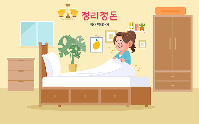 전신 식물 여자 화분 액자 일러스트 창문 침구 실내 한명 성인 이불 침대 장롱 정리 정리정돈 성인여자한명만 국내일러스트 AI파일 1 가구 사람 내부 여자한명만 성인여자만 파일형식 벡터