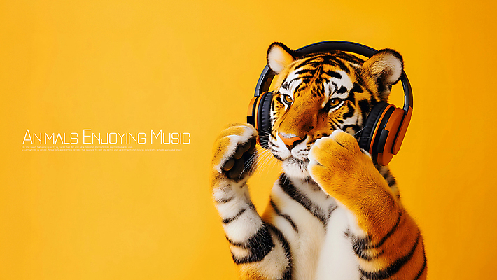 PSD 편집이미지 음악 사람없음 노란색 헤드폰 음악감상 듣기 호랑이 즐거움 카피스페이스 이미지편집 감정 컬러 음향기기 포유류 모션 문화예술 공백 감상 파일형식