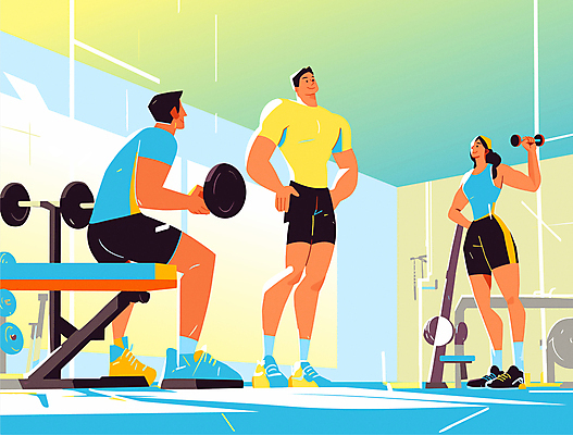 전신 라이프스타일 여자 남자 운동화 일러스트 근육 실내 들기 앉기 성인 세명 파란색 운동복 운동기구 아령 헬스장 역기 보디빌딩 성인만 국내일러스트 AI파일 옷 컬러 신발 모션 사람 내부 생활 헬스 파일형식 벡터