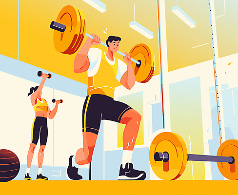 전신 라이프스타일 여자 남자 운동화 일러스트 근육 실내 들기 성인 두명 운동복 노란색 운동기구 아령 헬스장 역기 보디빌딩 땀 성인만 국내일러스트 AI파일 옷 컬러 신발 모션 사람 내부 생활 헬스 파일형식 벡터