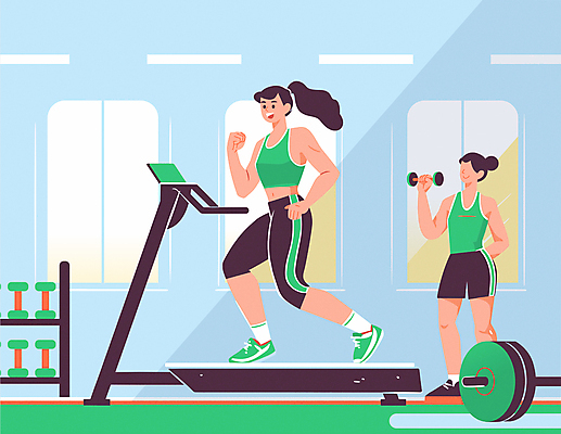 전신 라이프스타일 여자 운동화 일러스트 창문 근육 실내 들기 성인 두명 초록색 운동복 달리기 아령 헬스장 역기 보디빌딩 런닝머신 러닝 성인여자만 국내일러스트 AI파일 옷 컬러 신발 모션 사람 내부 생활 운동기구 헬스 여자만 성인만 파일형식 벡터