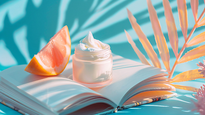 JPG 편집이미지 하늘색 잎 그림자 사람없음 책 여름 빛 주황색 화장품 자몽 디지털합성 피부관리 스킨케어 수분크림 자외선 차단 편집실사 AI포토 AI콘텐츠 식물 계절 컬러 과일 파란색 뷰티 CG 파일형식