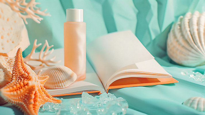 JPG 편집이미지 하늘색 불가사리 사람없음 책 여름 주황색 화장품 조개껍데기 산호 천 디지털합성 피부관리 스킨케어 스킨로션 자외선 차단 편집실사 AI포토 AI콘텐츠 계절 컬러 조개 극피동물 파란색 뷰티 직물 자포동물 CG 파일형식