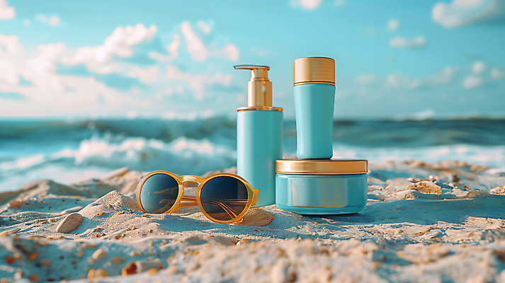 JPG 편집이미지 모래 해변 사람없음 여름 선글라스 화장품 용기 디지털합성 피부관리 스킨케어 수분크림 수분케어 편집실사 AI포토 AI콘텐츠 그릇 계절 안경 바다 관리 뷰티 CG 파일형식