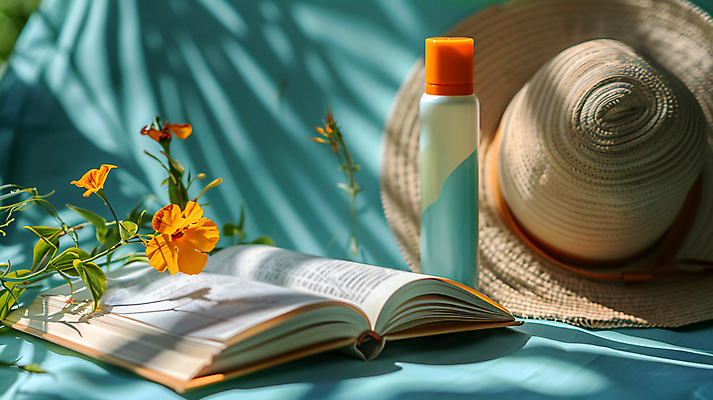 JPG 편집이미지 꽃 그림자 사람없음 책 여름 화장품 선크림 디지털합성 피부관리 밀짚모자 스프레이 자외선 차단 편집실사 AI포토 AI콘텐츠 식물 모자_잡화 계절 뷰티 CG 파일형식