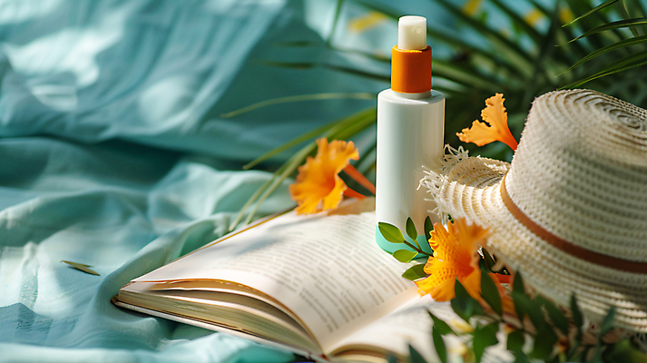 JPG 편집이미지 꽃 그림자 사람없음 책 여름 화장품 천 디지털합성 피부관리 밀짚모자 스킨케어 야자수잎 수분케어 편집실사 AI포토 AI콘텐츠 식물 모자_잡화 계절 잎 관리 뷰티 직물 CG 파일형식