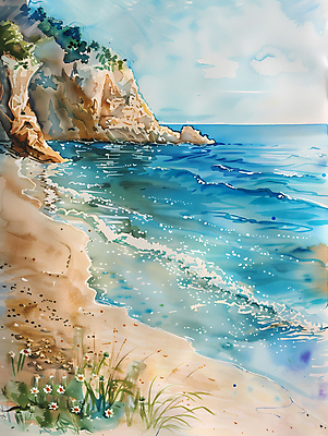 JPG 구름 꽃 일러스트 하늘 수채화 해변 사람없음 풀 국내일러스트 AI일러스트 AI콘텐츠 자연요소 식물 바다 파일형식