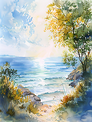 JPG 나무 구름 일러스트 하늘 수채화 해변 사람없음 햇빛 바위 풀 국내일러스트 AI일러스트 AI콘텐츠 자연요소 식물 바다 태양 돌_바위 파일형식