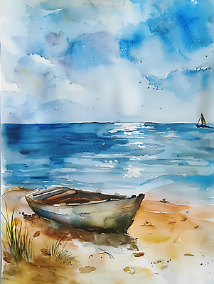 JPG 구름 일러스트 하늘 수채화 해변 사람없음 풀 보트 번짐 국내일러스트 AI일러스트 AI콘텐츠 자연요소 식물 바다 배_교통 파일형식 효과