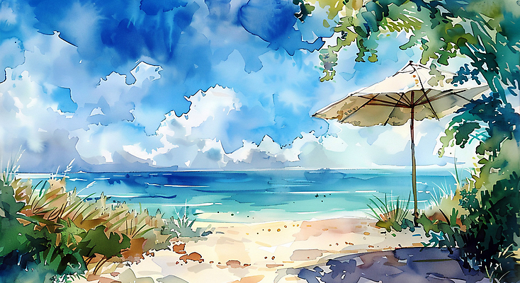 JPG 나무 구름 일러스트 하늘 수채화 그림자 해변 사람없음 파라솔 풀 번짐 국내일러스트 AI일러스트 AI콘텐츠 자연요소 식물 바다 파일형식 효과
