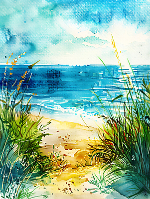 JPG 구름 일러스트 하늘 수채화 해변 사람없음 풀 번짐 국내일러스트 AI일러스트 AI콘텐츠 자연요소 식물 바다 파일형식 효과