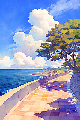 JPG 나무 구름 길 파도 바다 일러스트 하늘 벽돌 수채화 그림자 해변 사람없음 풀 국내일러스트 AI일러스트 AI콘텐츠 자연요소 식물 파일형식