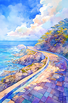 JPG 나무 구름 길 파도 바다 일러스트 하늘 벽돌 수채화 그림자 해변 사람없음 풀 국내일러스트 AI일러스트 AI콘텐츠 자연요소 식물 파일형식