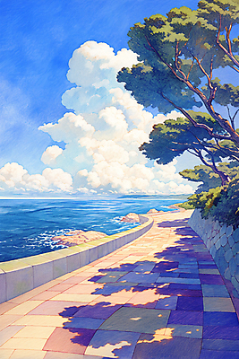 JPG 나무 구름 길 파도 바다 일러스트 하늘 벽돌 수채화 그림자 해변 사람없음 풀 국내일러스트 AI일러스트 AI콘텐츠 자연요소 식물 파일형식