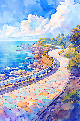 JPG 나무 구름 길 파도 바다 일러스트 하늘 벽돌 수채화 그림자 해변 사람없음 풀 국내일러스트 AI일러스트 AI콘텐츠 자연요소 식물 파일형식