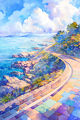 JPG 나무 구름 길 파도 바다 일러스트 하늘 벽돌 수채화 그림자 해변 사람없음 풀 국내일러스트 AI일러스트 AI콘텐츠 자연요소 식물 파일형식