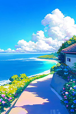 JPG 나무 구름 꽃 길 파도 바다 일러스트 하늘 수채화 주택 그림자 해변 사람없음 풀 화단 국내일러스트 AI일러스트 AI콘텐츠 자연요소 식물 건물 파일형식