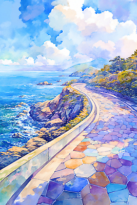 JPG 나무 구름 길 파도 바다 일러스트 하늘 벽돌 수채화 그림자 해변 사람없음 풀 국내일러스트 AI일러스트 AI콘텐츠 자연요소 식물 파일형식