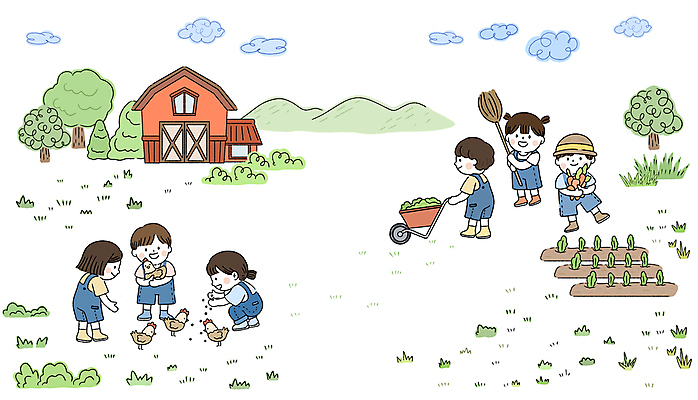 전신 PSD 나무 구름 어린이 일러스트 주택 서기 들기 소녀 소년 잔디 여러명 수레 당근 닭 모이 먹이 빗자루 웅크림 농촌체험 모이주기 텃밭 어린이만 국내일러스트 자연요소 식물 여자 남자 다수 밭 모션 조류 뿌리채소 사람 건물 카트 체험학습 청소도구 파일형식