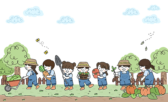 전신 PSD 나무 구름 어린이 나비 일러스트 호박 서기 들기 소녀 소년 잔디 여러명 수레 수확 삽 일렬 논작물 농촌체험 어린이만 국내일러스트 자연요소 식물 여자 남자 다수 곤충 농업 채소 모션 사람 카트 체험학습 파일형식