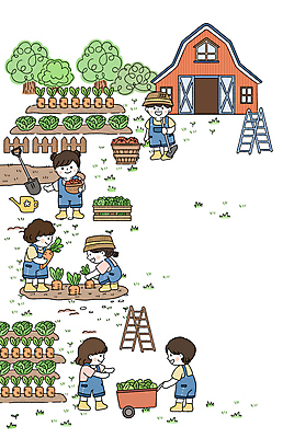 전신 PSD 나무 어린이 일러스트 사다리 주택 서기 들기 앉기 소녀 소년 잔디 여러명 울타리 수레 수확 잡기 농촌체험 텃밭 어린이만 국내일러스트 식물 여자 남자 다수 밭 농업 모션 사람 건물 담장 카트 도구 체험학습 파일형식