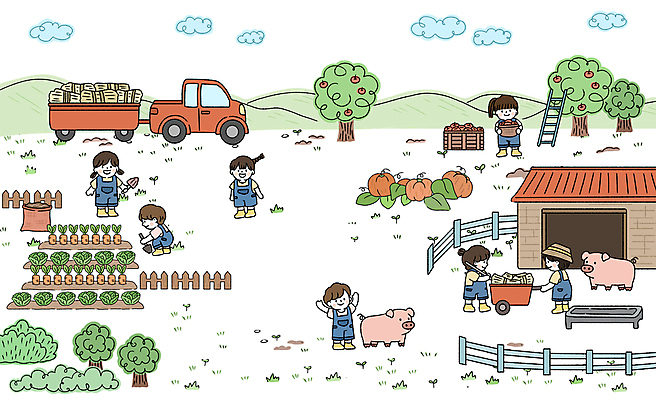 전신 PSD 어린이 일러스트 호박 서기 들기 소녀 소년 잔디 여러명 울타리 수레 트럭 돼지 먹이 사육장 사과나무 웅크림 농촌체험 돌봄 텃밭 어린이만 국내일러스트 나무 식물 여자 남자 다수 밭 채소 포유류 모션 자동차 사람 담장 카트 체험학습 사과 파일형식