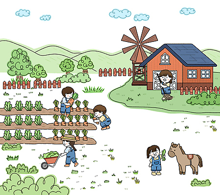 전신 PSD 나무 구름 어린이 일러스트 산 주택 서기 들기 소녀 소년 잔디 여러명 수레 당근 풍차 수확 말_동물 밀기 먹이 빗자루 청소 농촌체험 텃밭 어린이만 국내일러스트 자연요소 식물 여자 남자 다수 밭 농업 포유류 모션 뿌리채소 사람 건물 카트 체험학습 청소도구 파일형식