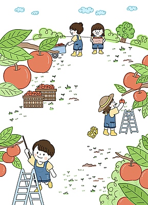 전신 PSD 나무 구름 어린이 장갑 일러스트 사다리 서기 들기 소녀 소년 잔디 여러명 상자 수레 수확 사과 과수원 오르기 농촌체험 어린이만 국내일러스트 자연요소 식물 잡화 여자 남자 다수 농업 과일 모션 사람 카트 도구 체험학습 파일형식
