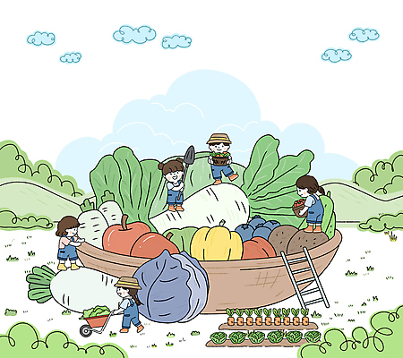 전신 PSD 구름 어린이 일러스트 사다리 산 서기 들기 소녀 소년 잔디 여러명 농작물 바구니 수레 밀기 큼 삽 농촌체험 텃밭 어린이만 국내일러스트 자연요소 식물 여자 남자 다수 밭 농업 모션 사람 카트 도구 체험학습 크기 파일형식