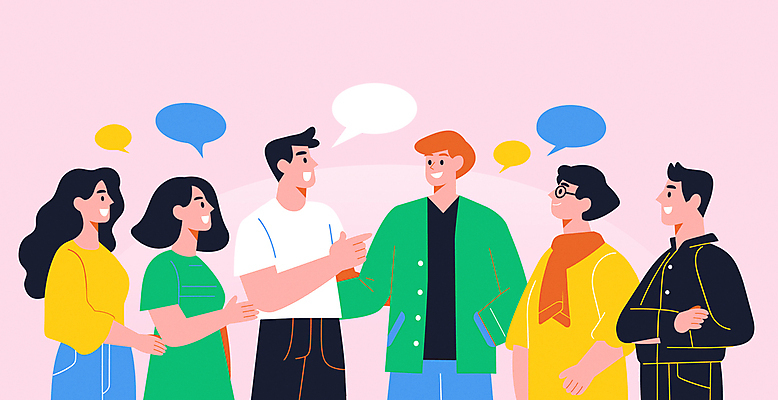 여자 남자 분홍색 말풍선 일러스트 커뮤니케이션 함께함 말하기 대화 여러명 상반신 성인 캐주얼 가리킴 주머니손 화합 커뮤니티 의견 성인만 국내일러스트 AI파일 옷 컬러 다수 컨셉 모션 사람 손짓 파일형식 벡터