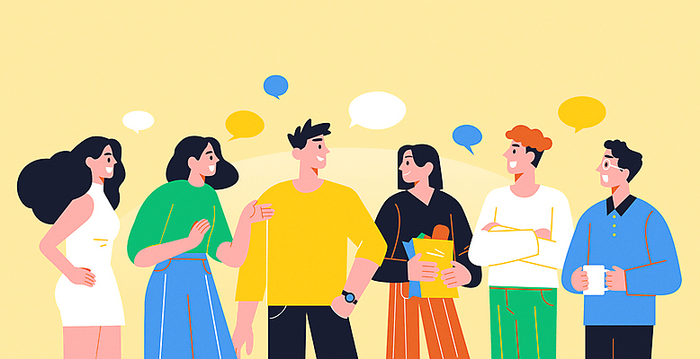 여자 남자 허리손 말풍선 일러스트 커뮤니케이션 함께함 말하기 대화 들기 여러명 상반신 성인 캐주얼 쇼핑백 노란색 팔짱 머그컵 주머니손 화합 커뮤니티 의견 성인만 국내일러스트 AI파일 옷 컬러 포즈 다수 컨셉 가방 모션 사람 컵 파일형식 벡터