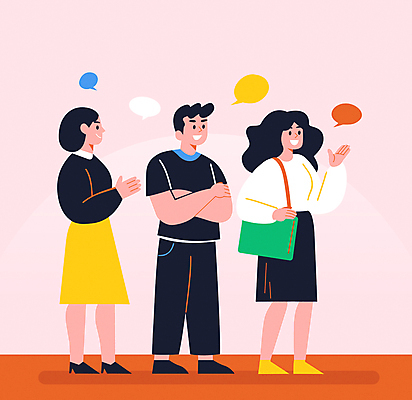 전신 여자 남자 분홍색 말풍선 일러스트 커뮤니케이션 함께함 말하기 대화 성인 캐주얼 세명 팔짱 화합 커뮤니티 의견 성인만 국내일러스트 AI파일 옷 컬러 컨셉 모션 사람 파일형식 벡터