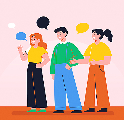 전신 여자 남자 분홍색 말풍선 일러스트 커뮤니케이션 함께함 말하기 대화 성인 캐주얼 세명 가리킴 화합 커뮤니티 의견 성인만 국내일러스트 AI파일 옷 컬러 컨셉 모션 사람 손짓 파일형식 벡터