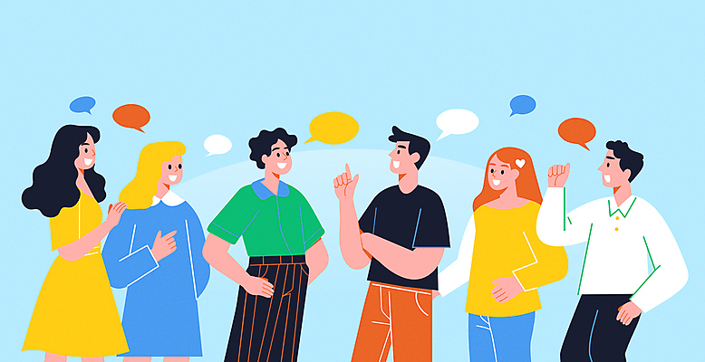 여자 남자 말풍선 일러스트 커뮤니케이션 함께함 말하기 대화 여러명 상반신 성인 캐주얼 파란색 팔짱 가리킴 화합 커뮤니티 의견 성인만 국내일러스트 AI파일 옷 컬러 다수 컨셉 모션 사람 손짓 파일형식 벡터