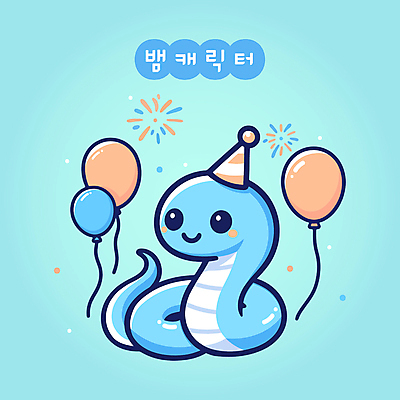 캐릭터 일러스트 불꽃놀이 사람없음 파란색 귀여움 고깔모자 생일 뱀 뱀캐릭터 풍선 일러캐릭터 푸른뱀 푸른뱀캐릭터 AI파일 모자_잡화 기념일 컬러 동물캐릭터 컨셉 파충류 놀이 파일형식 벡터