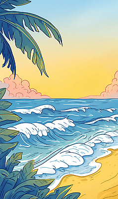 JPG 구름 파도 일러스트 하늘 휴가 풍경 해변 사람없음 여름 파란색 야자수 일몰 휴양지 국내일러스트 AI일러스트 AI콘텐츠 자연요소 나무 계절 바다 컬러 노을 장소 파일형식
