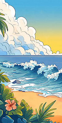 JPG 구름 꽃 파도 일러스트 하늘 휴가 풍경 해변 사람없음 여름 파란색 야자수 일몰 휴양지 국내일러스트 AI일러스트 AI콘텐츠 자연요소 나무 식물 계절 바다 컬러 노을 장소 파일형식