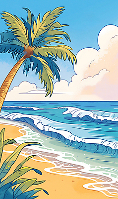 JPG 구름 파도 일러스트 하늘 휴가 풍경 해변 사람없음 여름 파란색 야자수 휴양지 국내일러스트 AI일러스트 AI콘텐츠 자연요소 나무 계절 바다 컬러 장소 파일형식