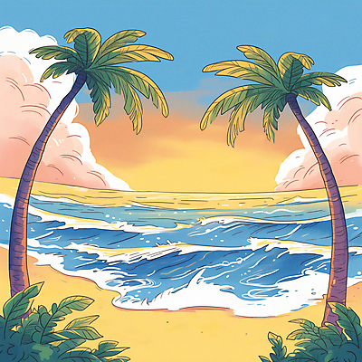 JPG 구름 파도 일러스트 하늘 휴가 풍경 해변 사람없음 여름 파란색 야자수 휴양지 국내일러스트 AI일러스트 AI콘텐츠 자연요소 나무 계절 바다 컬러 장소 파일형식