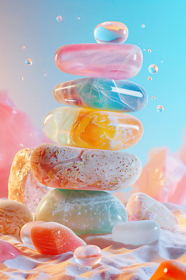 JPG 편집이미지 사람없음 컬러풀 화려 석탑 광석 보석 파스텔톤 편집실사 젠 AI컴퓨터그래픽 AI콘텐츠 컬러 컨셉 쌓기 탑 돌_바위 CG 파일형식