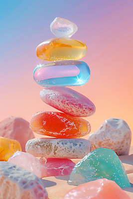 JPG 편집이미지 사람없음 컬러풀 화려 석탑 광석 보석 파스텔톤 편집실사 젠 AI컴퓨터그래픽 AI콘텐츠 컬러 컨셉 쌓기 탑 돌_바위 CG 파일형식