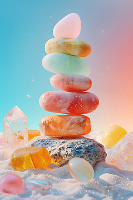 JPG 편집이미지 사람없음 컬러풀 화려 석탑 광석 보석 파스텔톤 편집실사 젠 AI컴퓨터그래픽 AI콘텐츠 컬러 컨셉 쌓기 탑 돌_바위 CG 파일형식